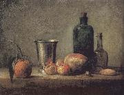 Jean Baptiste Simeon Chardin Orange silver apple pears and two glasses of wine bottles oil painting reproduction